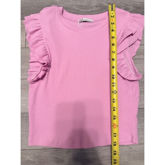 NWOT Zara Women's L Pink Ribbed Ruffle Sleeve Top Fitted Knit Shirt - Picture 7 of 9
